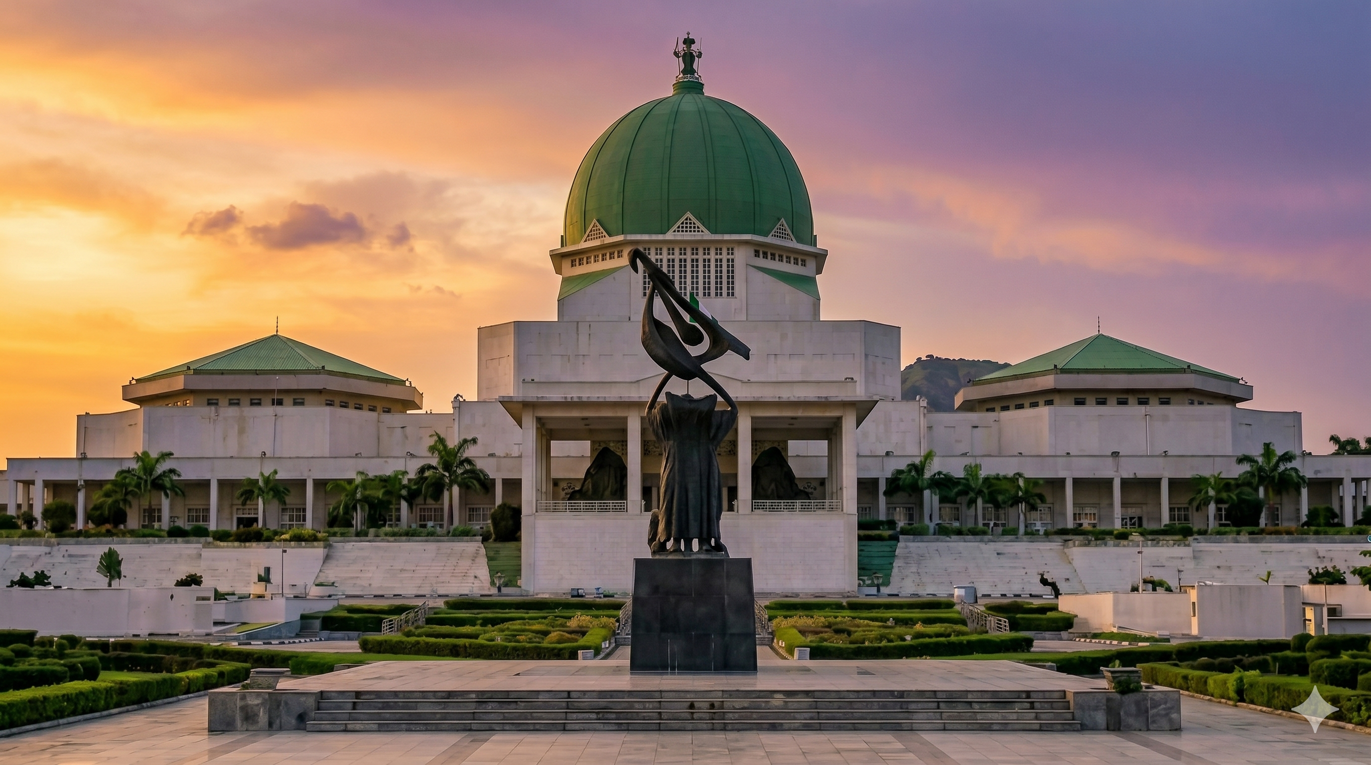 The National Assembly building in Abuja at sunset